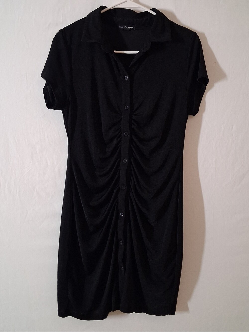Fashion Nova Black Ruched Button Down Shirt Dress Size L